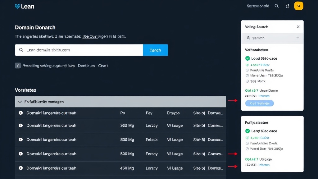 Screenshot der Benutzeroberfläche von Lean Domain Search, der ein eingegebenes Schlüsselwort, generierte Domain-Vorschläge und Verfügbarkeitsanzeigen zeigt.