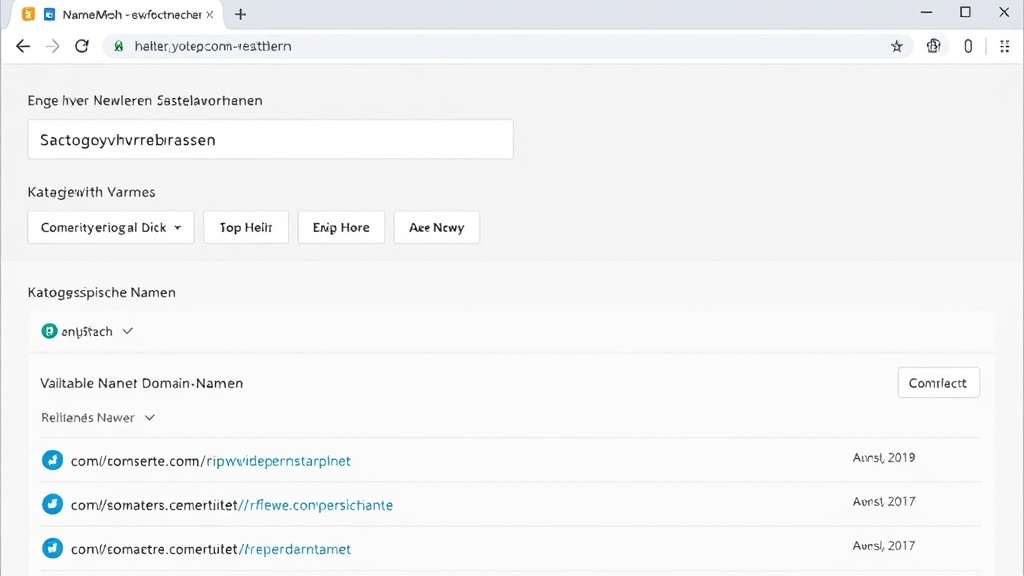 Screenshot der Benutzeroberfläche von NameMesh, die die Eingabe von Schlüsselwörtern, kategoriespezifische Vorschläge und verfügbare Domain-Namen anzeigt.