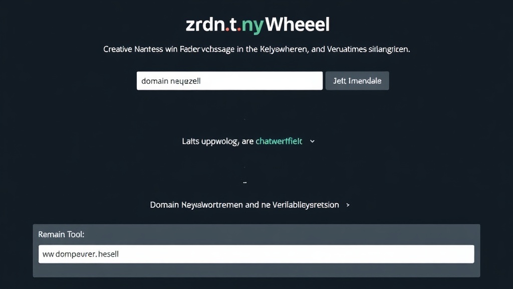 Screenshot des DomainWheel-Tools, das kreative Domain-Namensvorschläge basierend auf eingegebenen Schlüsselwörtern und eine Verfügbarkeitsprüfung zeigt.