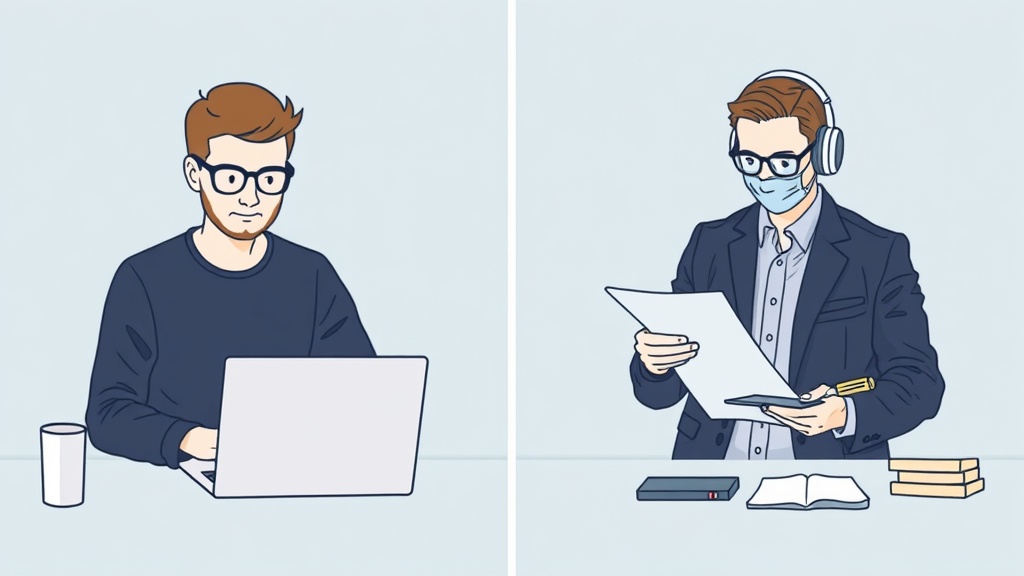 Vergleich der Website-Wartung: links ein Nutzer, der selbst an einem Laptop arbeitet, rechts ein Professional mit Tools und Dokumenten bei der Wartung.