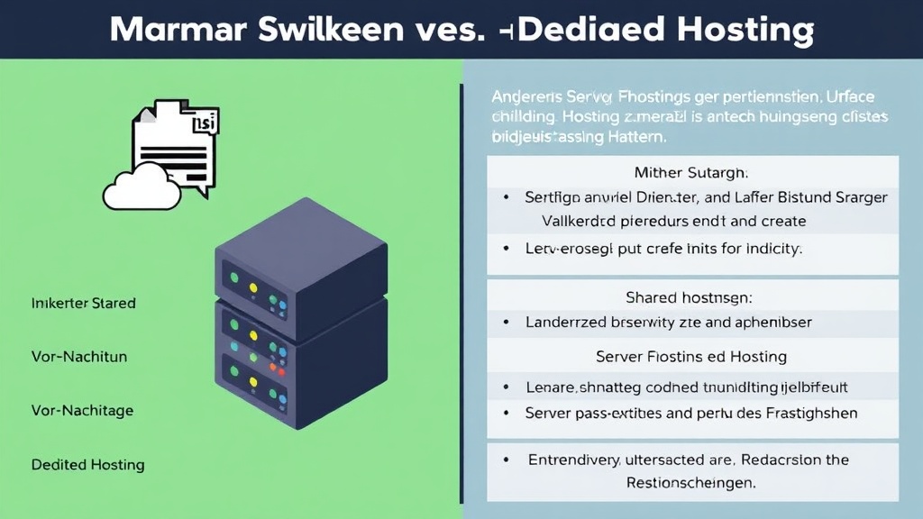 Vergleich von Shared und Dedicated Hosting, mit Illustrationen der unterschiedlichen Servernutzung, Vor- und Nachteile sowie Ressourcenzuteilung und Leistungsunterschieden.