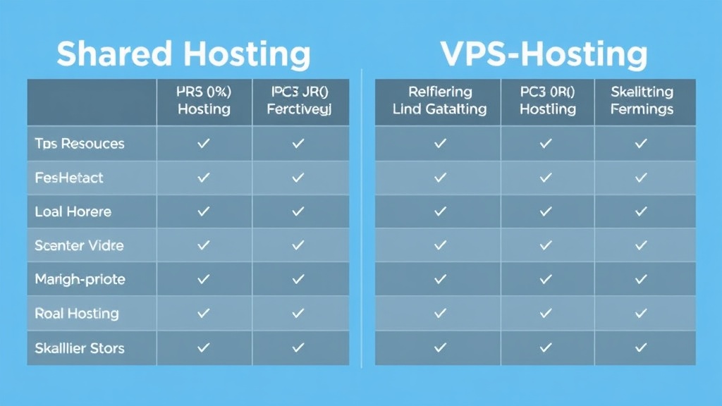 Vergleichstabelle von Shared Hosting und VPS-Hosting, die Unterschiede in Ressourcen, Leistung und Skalierbarkeit für Websites visualisiert.