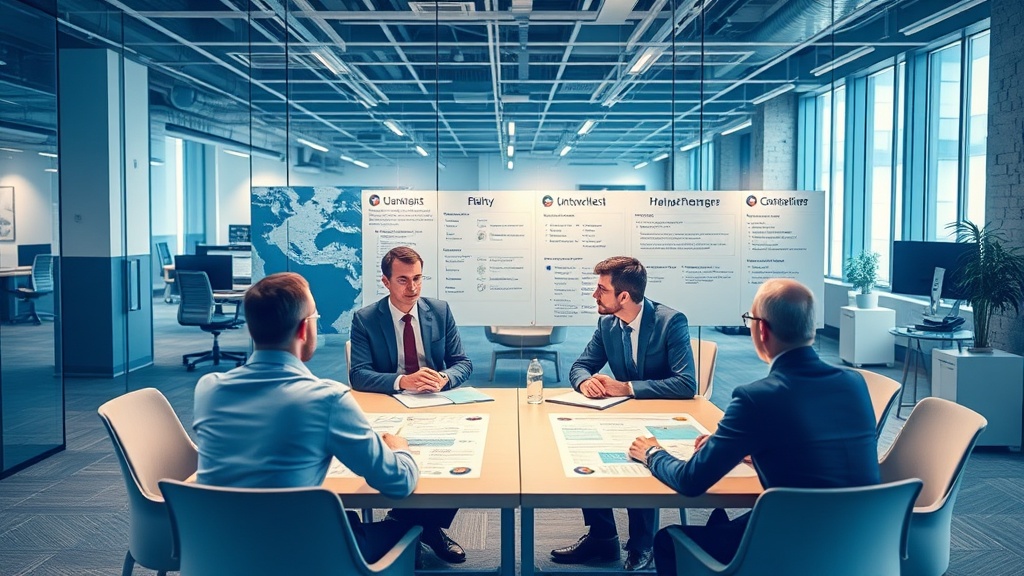 Webentwickler bei einem Vorstellungsgespräch, umgeben von modernen Arbeitsplätzen und einer Tafel mit Unternehmenswerten und Arbeitsbedingungen.
