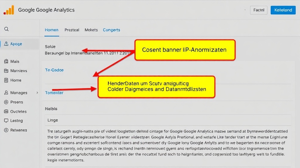 Screenshot einer WordPress-Seite mit eingebautem Google Analytics, hervorgehoben sind Consent-Banner, IP-Anonymisierung und Datenschutzerklärungsbereich.