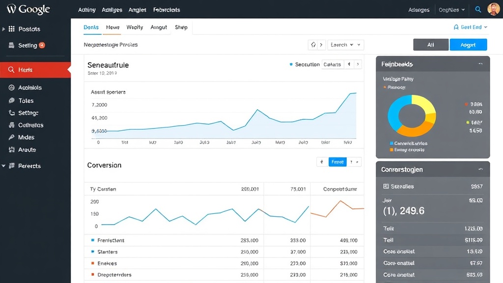 Screenshot einer WordPress-Website mit integriertem Google Analytics Dashboard, das Nutzerverhalten, Seitenaufrufe und Conversion-Statistiken anzeigt.